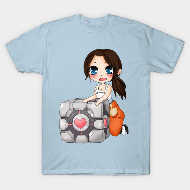 Chell and Companion cube T-Shirt by linkitty